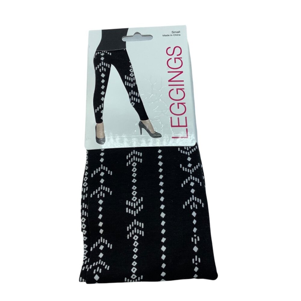 Black & White Aztec Diamond Pattern Leggings Women Small Cotton Blend NEW‎ NOS